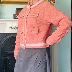 NWOT POL Coral Bouclé Cropped Pocket Jacket with a bit oversized flair.
